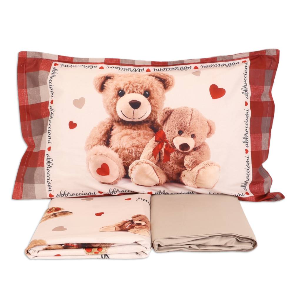 Completo Lenzuola cotone Percalle stampa digitale Teddy Matrimoniale