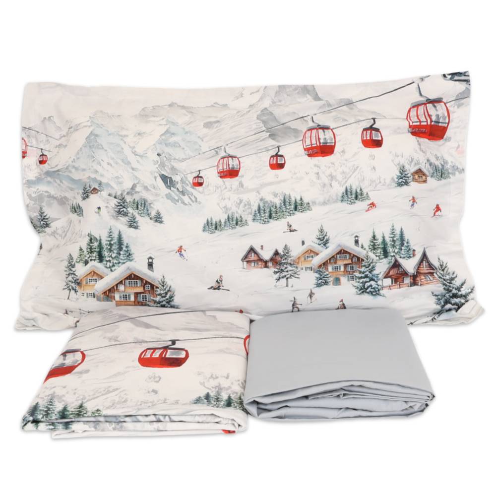 Completo Lenzuola cotone Percalle stampa digitale Sciatori Matrimoniale