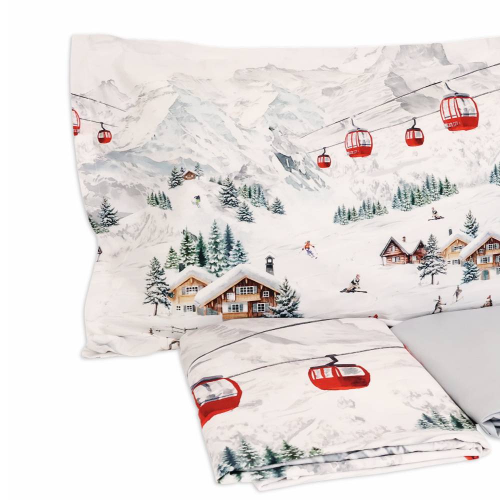 Completo Lenzuola cotone Percalle stampa digitale Sciatori Matrimoniale