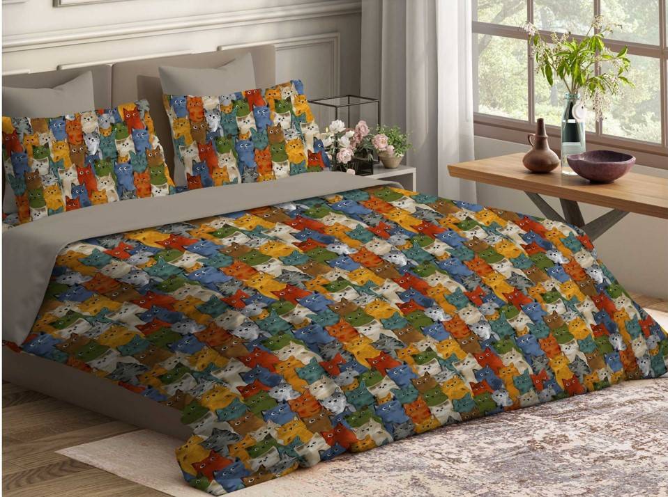 Completo Lenzuola cotone Percalle stampa digitale Gatti Family Matrimoniale