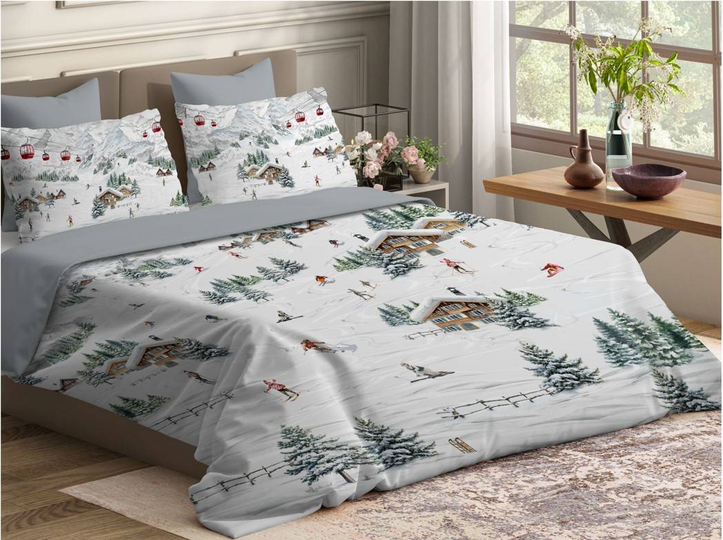 Completo Lenzuola cotone Percalle stampa digitale Sciatori Matrimoniale