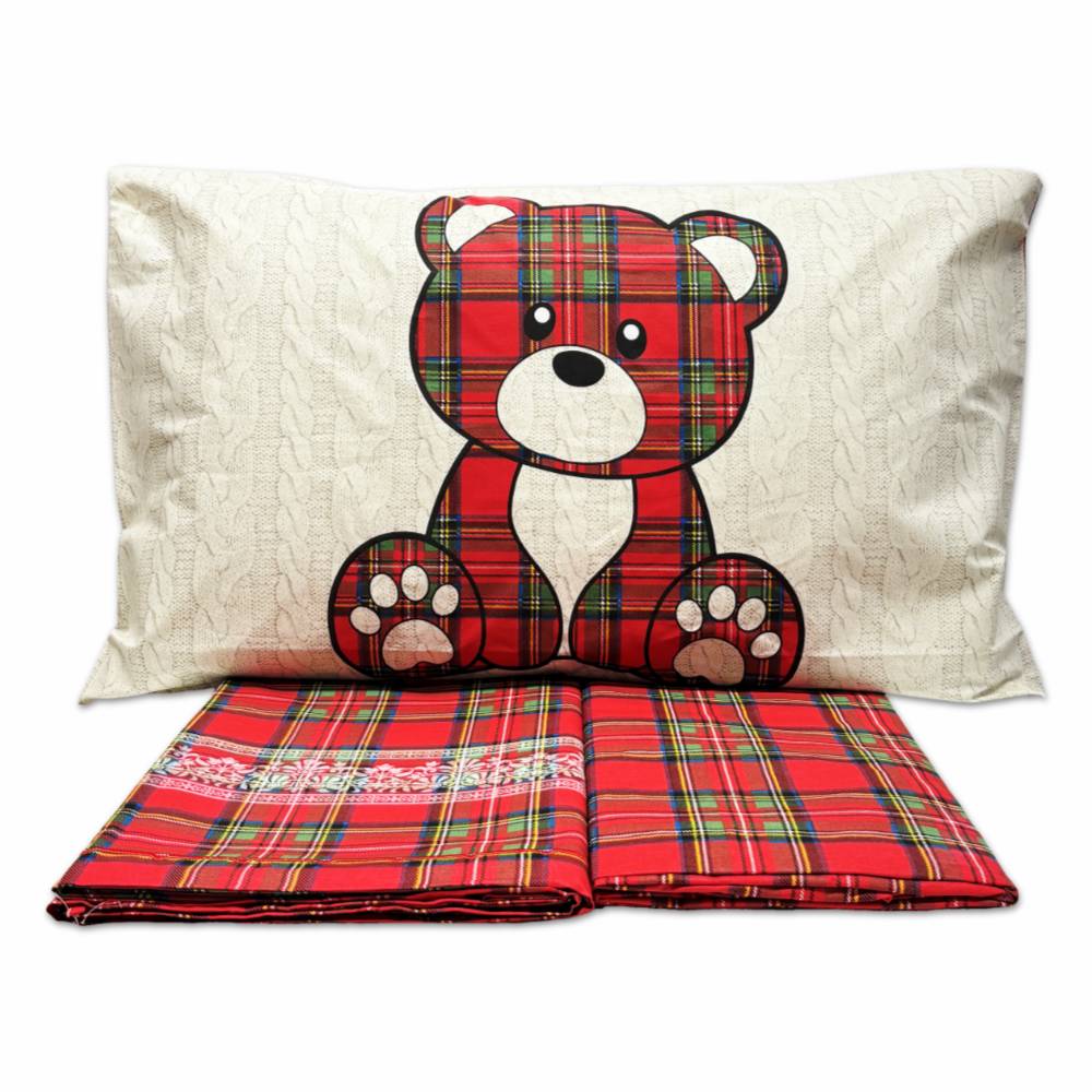 Completo Lenzuola Orsetto Kilt Rosso Matrimoniale