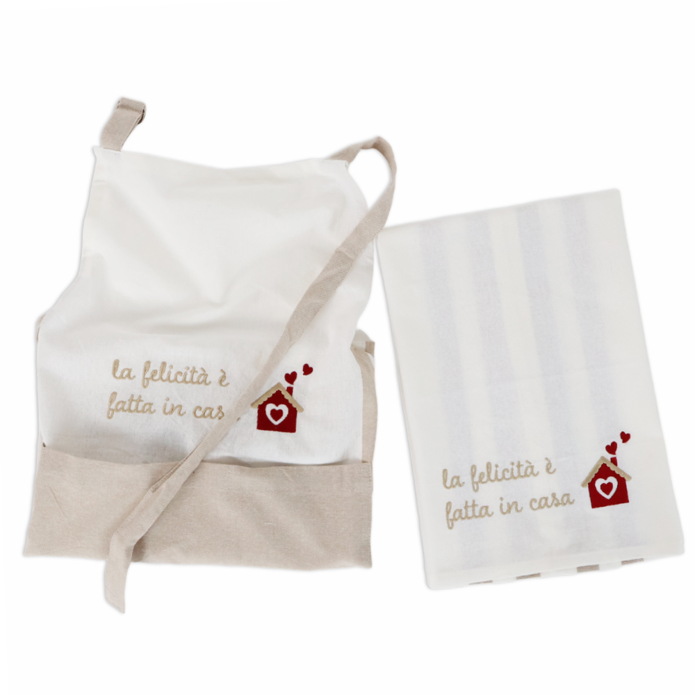 Set Grembiule + Canovaccio cotone ricamato Felicità fatta in Casa