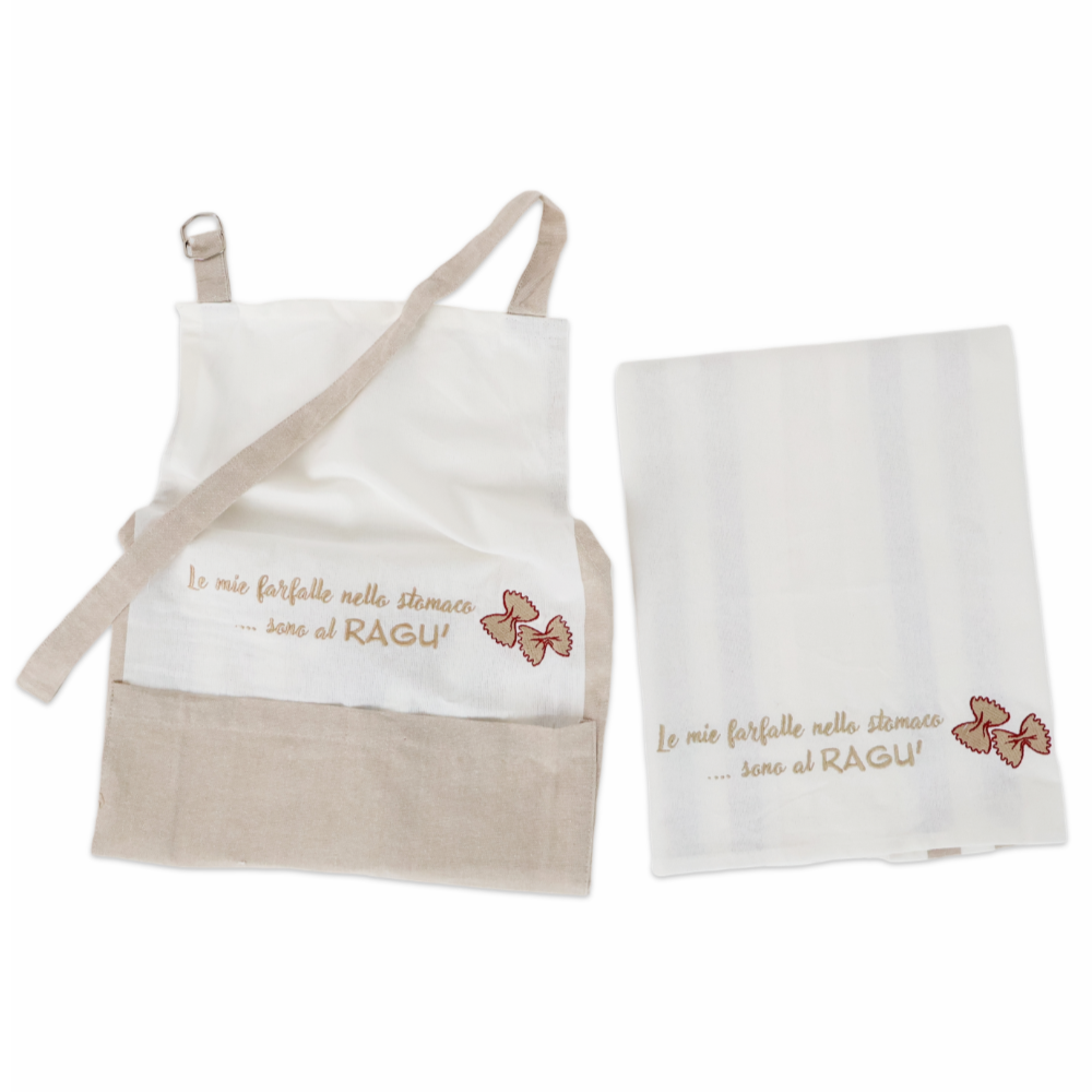 Set Grembiule + Canovaccio cotone ricamato Farfalle Ragù