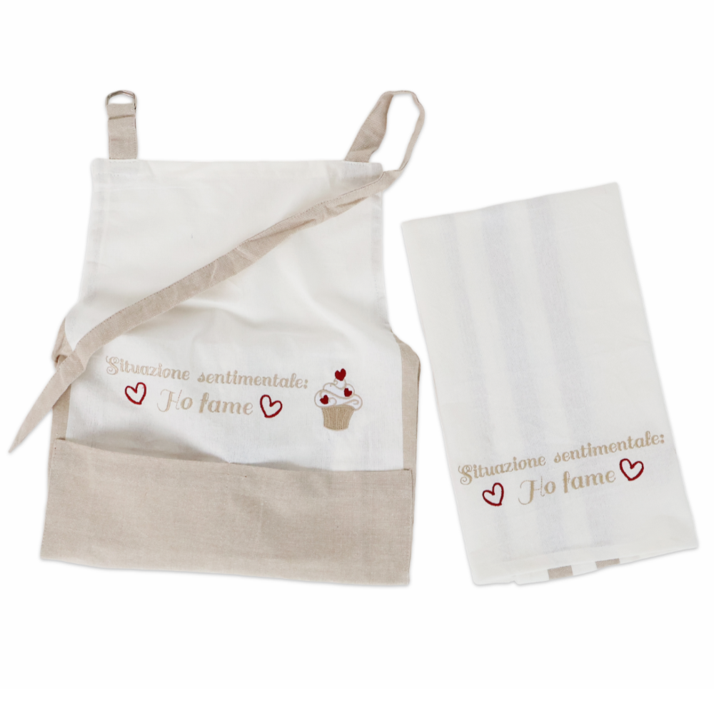 Set Grembiule + Canovaccio cotone ricamato Situazione sentimentale Fame
