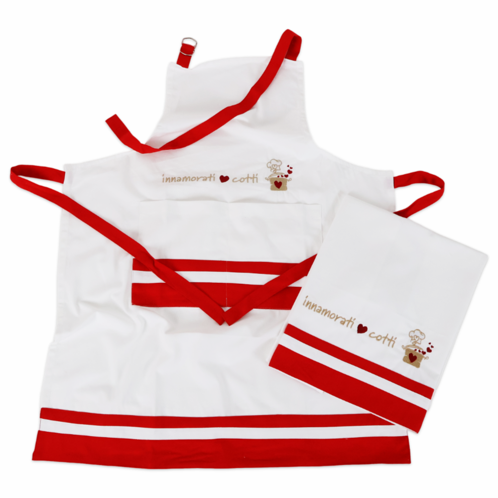 Set Grembiule + Canovaccio cotone ricamato Innamorati Cotti
