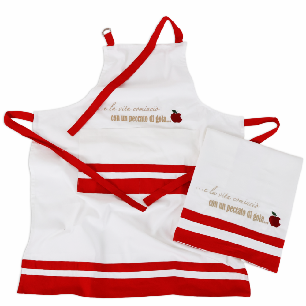 Set Grembiule + Canovaccio cotone ricamato Peccato di Gola
