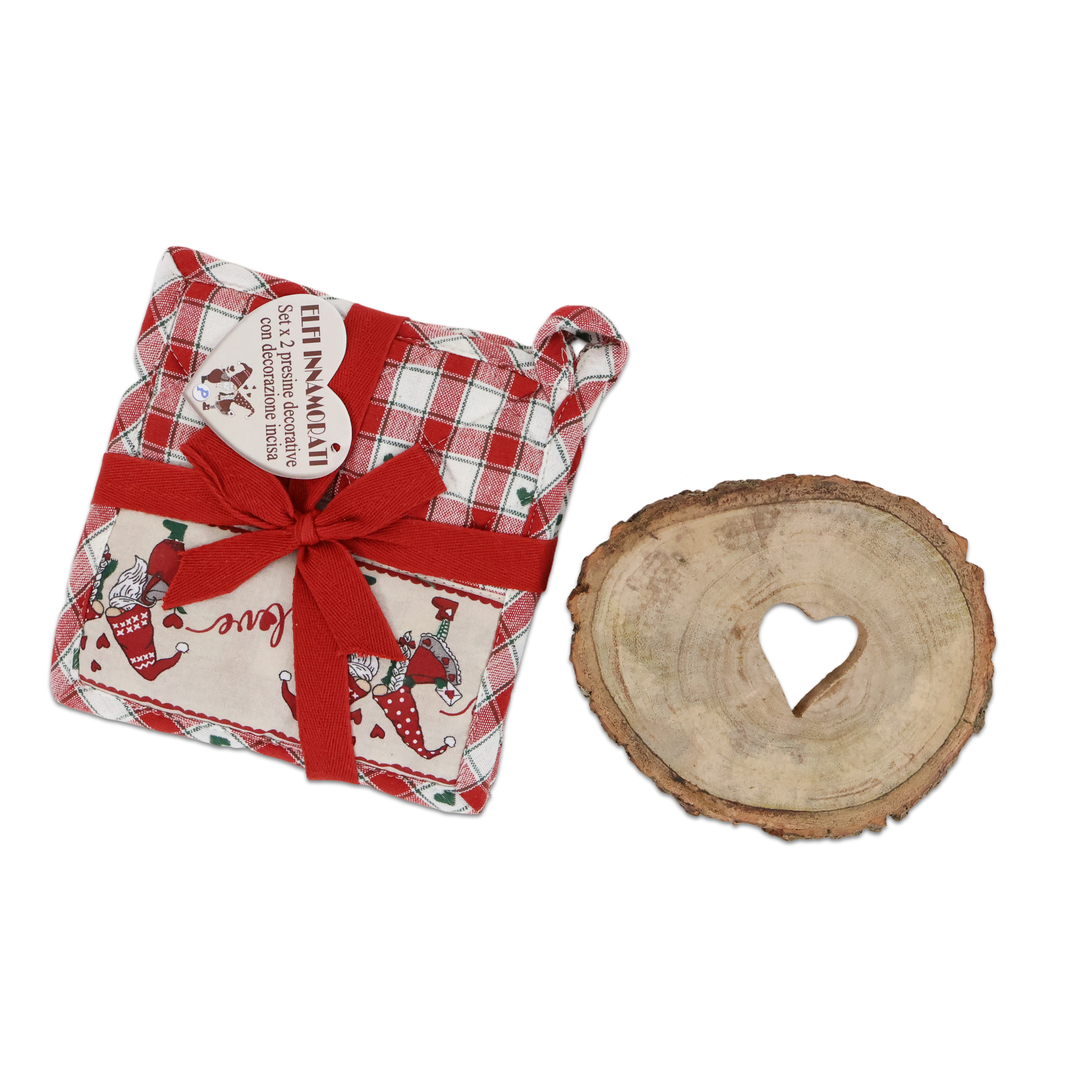 Set Coppia presine Elfi Innamorati + decorazione in Legno