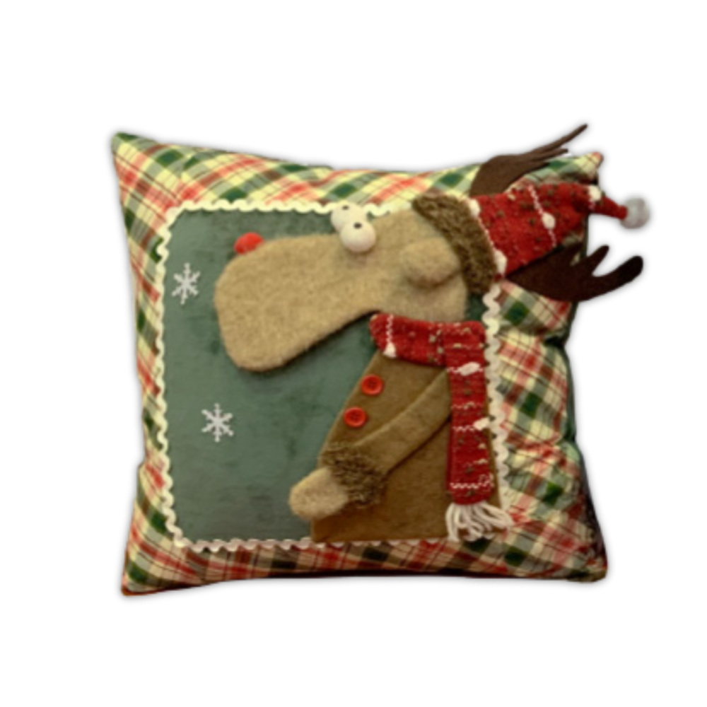 Cuscino Imbottito con applicazioni Renna Tartan verde 45 x 45