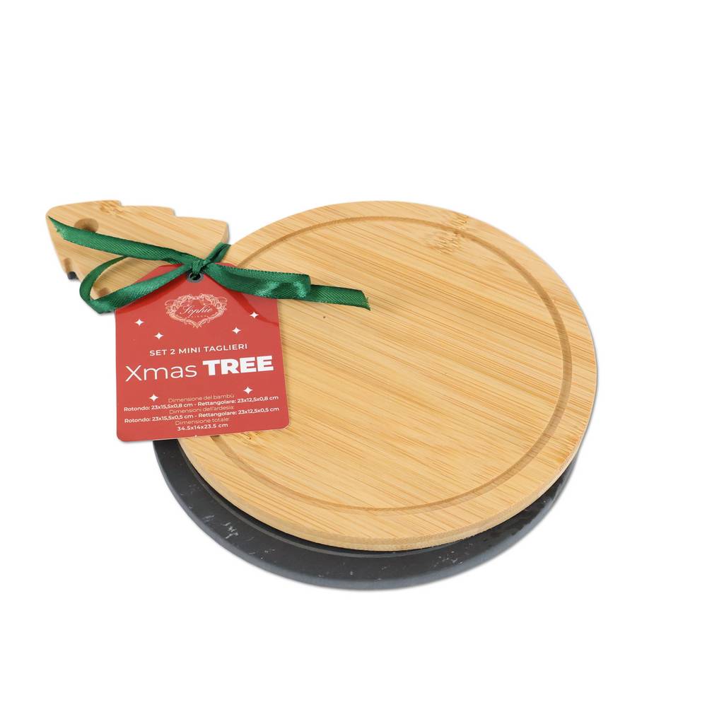 Set 2 Mini Taglieri Rotondi Bambù e Ardesia XMAS Tree