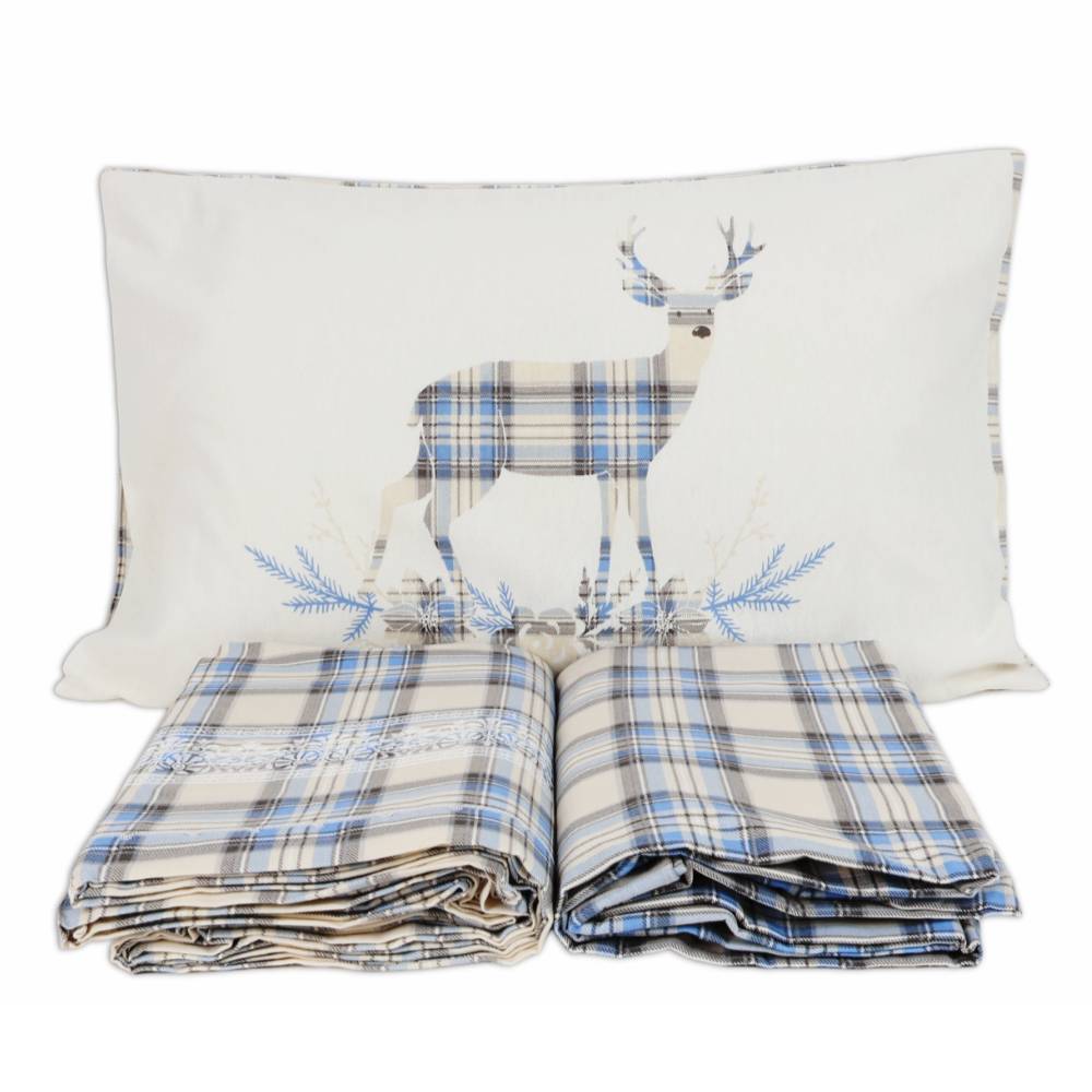 Lenzuola Flanella Cervo Tartan Azzurro Matrimoniale