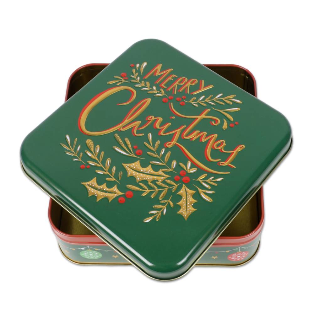 Scatola Natalizia in Latta Merry Christmas Verde 17 x 17 x 6 cm