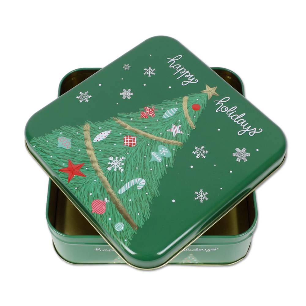 Scatola Natalizia in Latta Happy Holidays Verde 17 x 17 x 6 cm