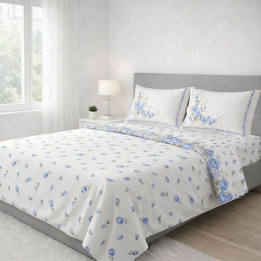 Completo Lenzuola Cloe rose azzurre piazza e mezzo