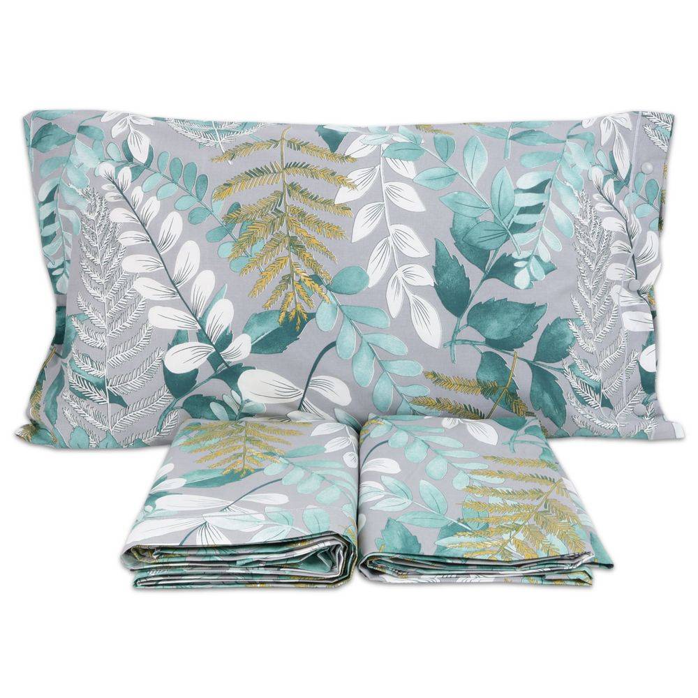 Completo Lenzuola Foglie fondo Grigio Piazza e mezzo