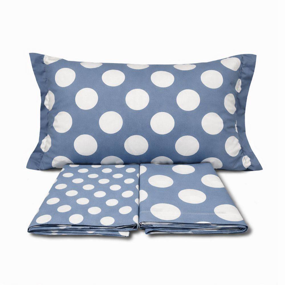 Completo Lenzuola Volant Moon pois Azzurro Matrimoniale