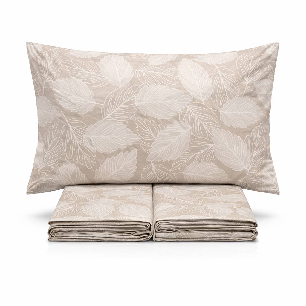 Completo Lenzuola Volant Natura foglie Tortora Matrimoniale