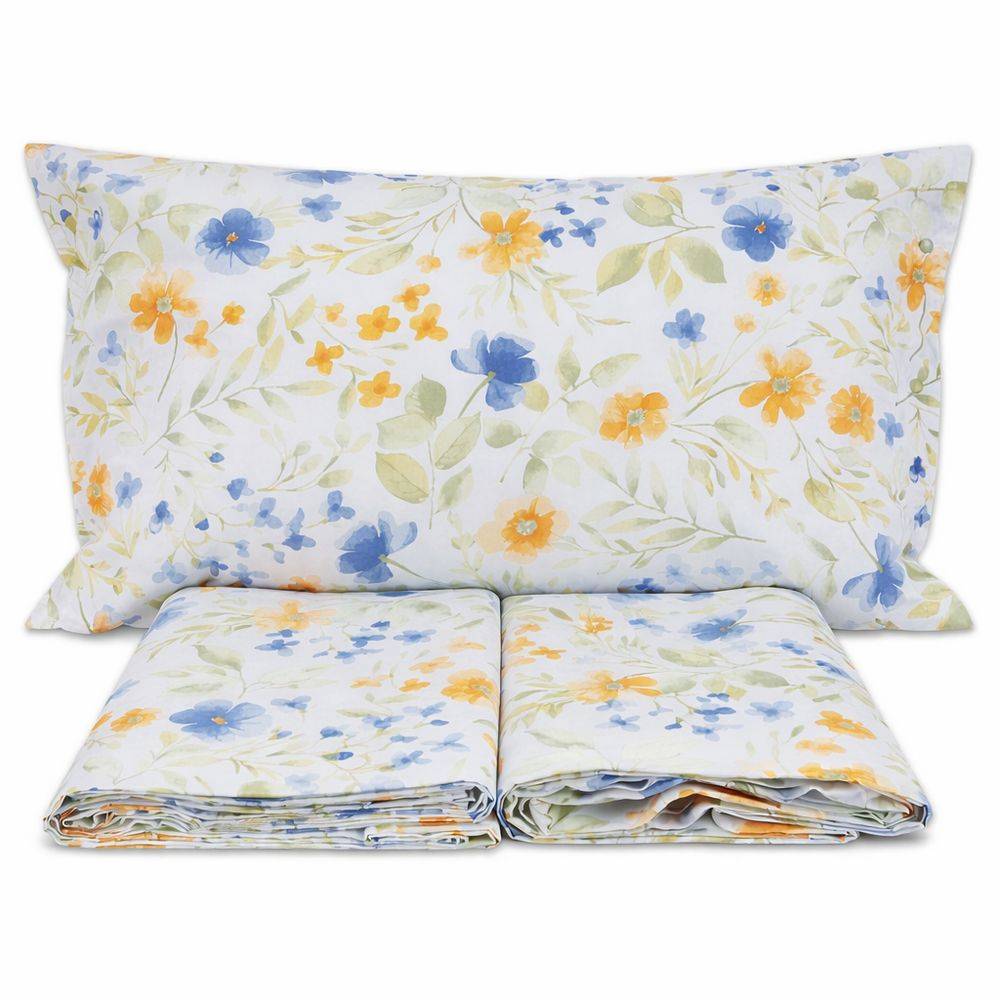 Completo Lenzuola Volant Primavera Azzurro Matrimoniale