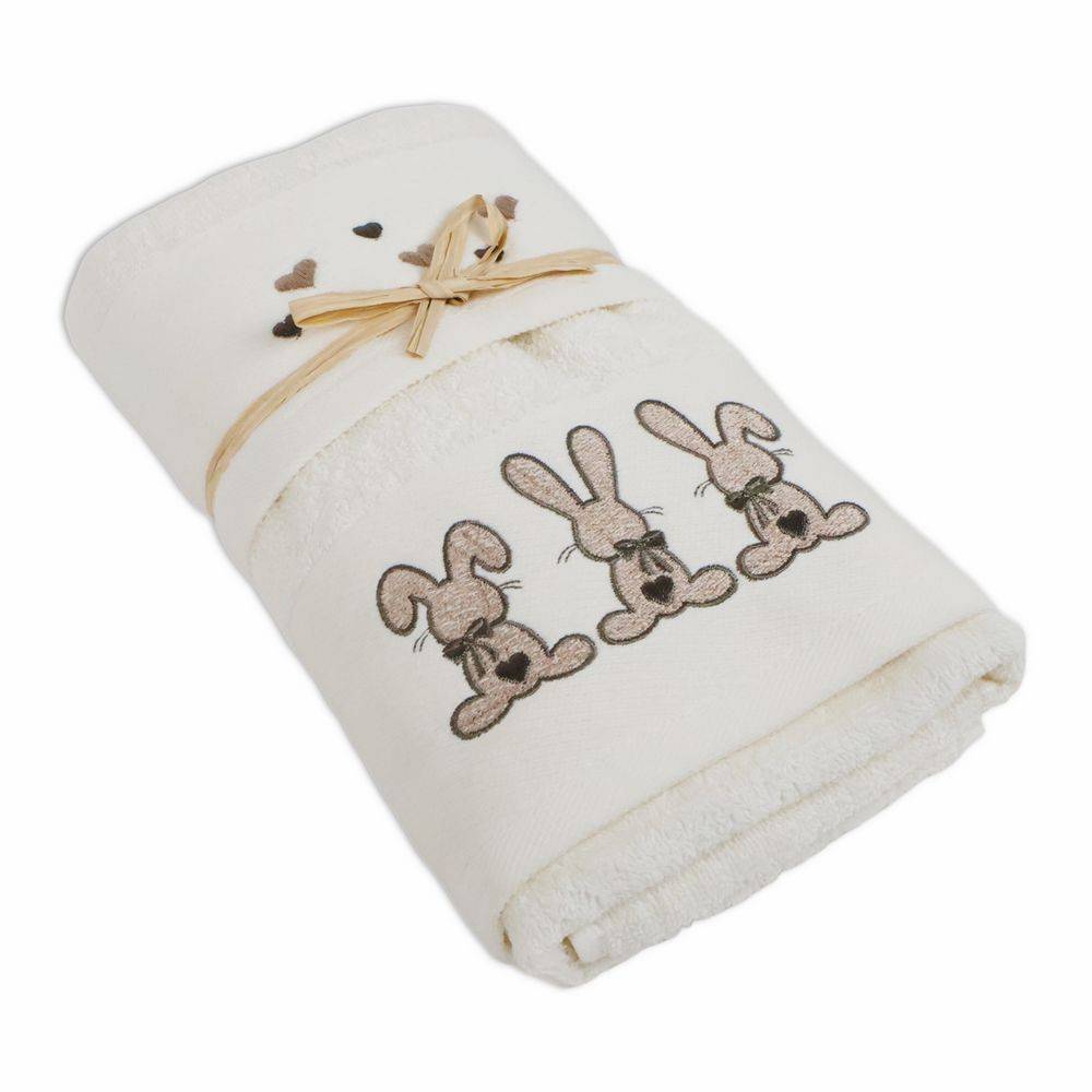 Coppia asciugamani Ricamati Coniglietti Tortora fondo Panna
