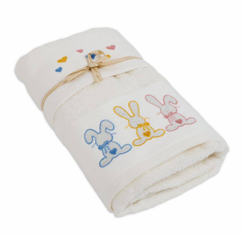 Coppia asciugamani Ricamati Coniglietti Multicolor fondo Panna