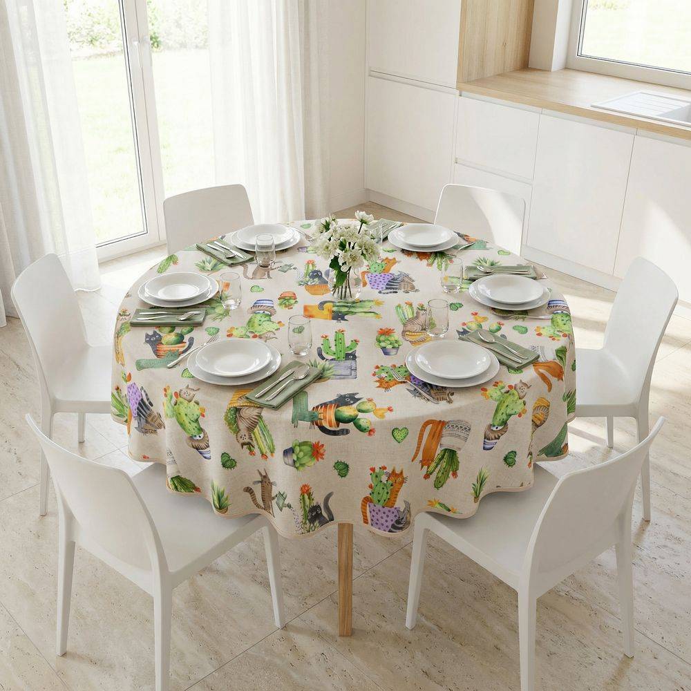 Tovaglia antimacchia rotonda Splash Coccolosa Gattini e Cactus 160