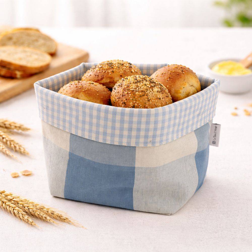 Cestino Portapane in Cotone Doubleface Quadrettone Azzurro