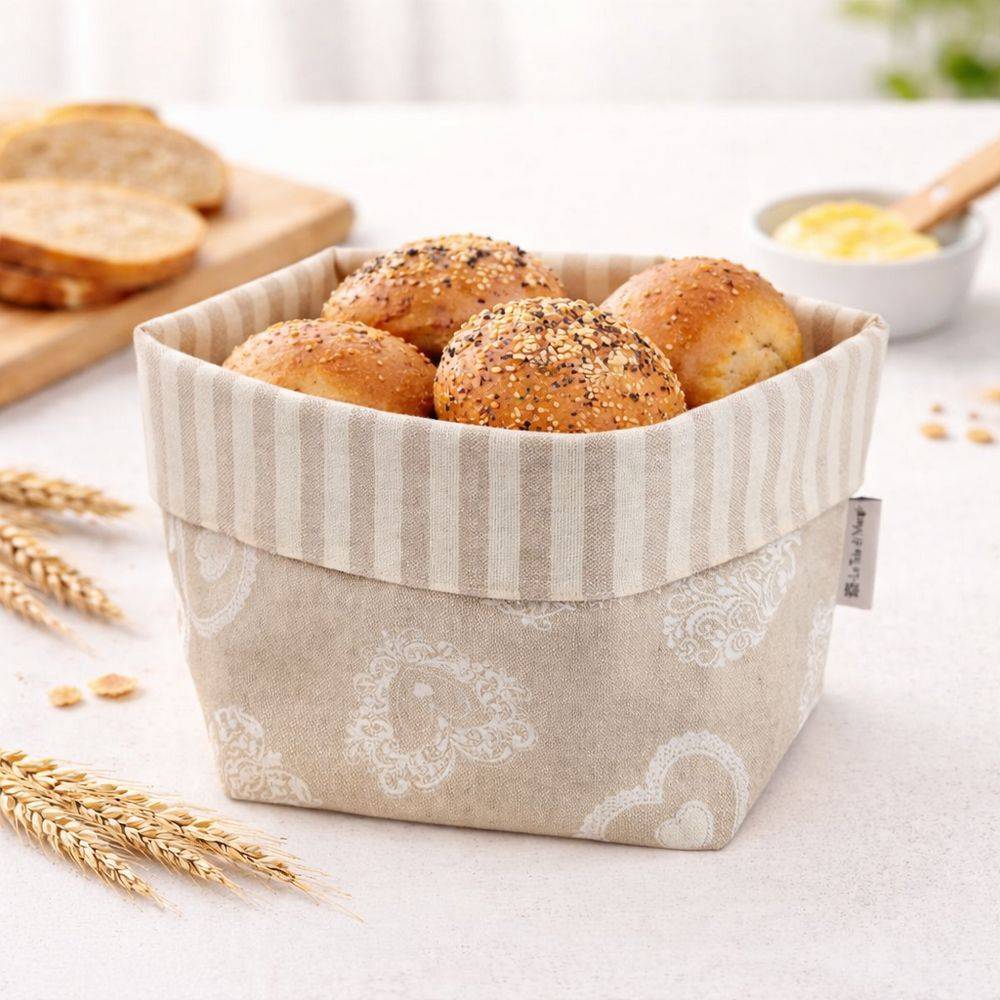 Cestino Portapane in Cotone Doubleface Cuori fondo Beige