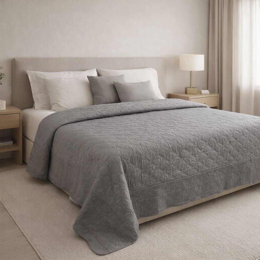 Boutis copriletto ricamato Emma grigio matrimoniale