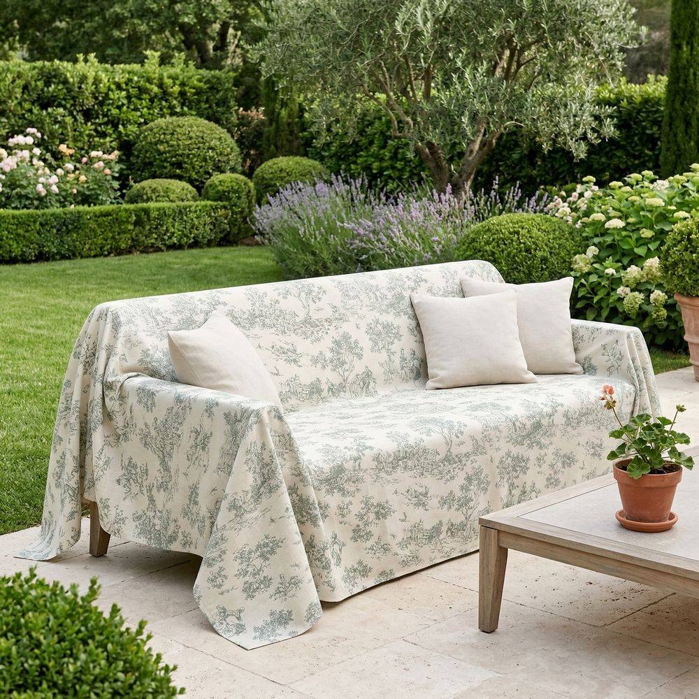 Telo arredo su misura Toile de Jouy Salvia fondo Panna