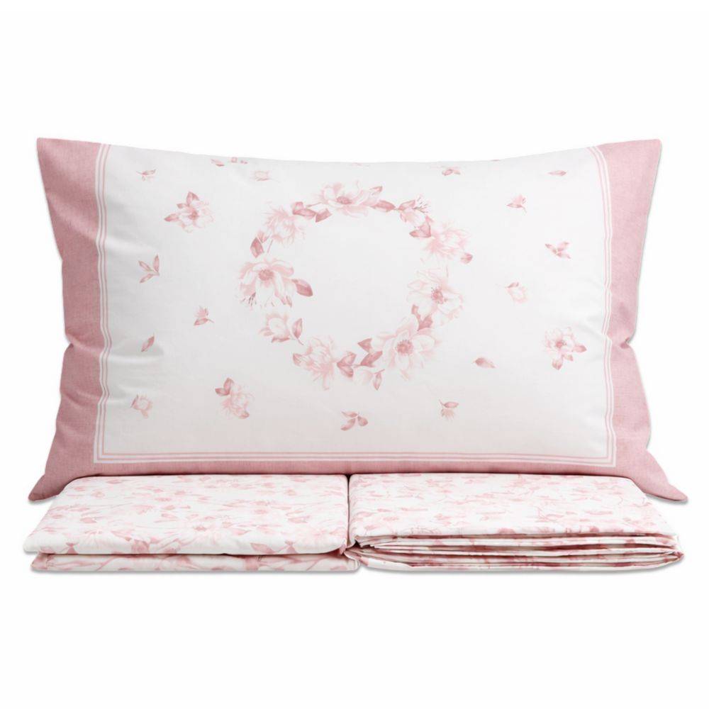 Completo Lenzuola Percalle Venezia Marsiglia Fiori Rosa Matrimoniale