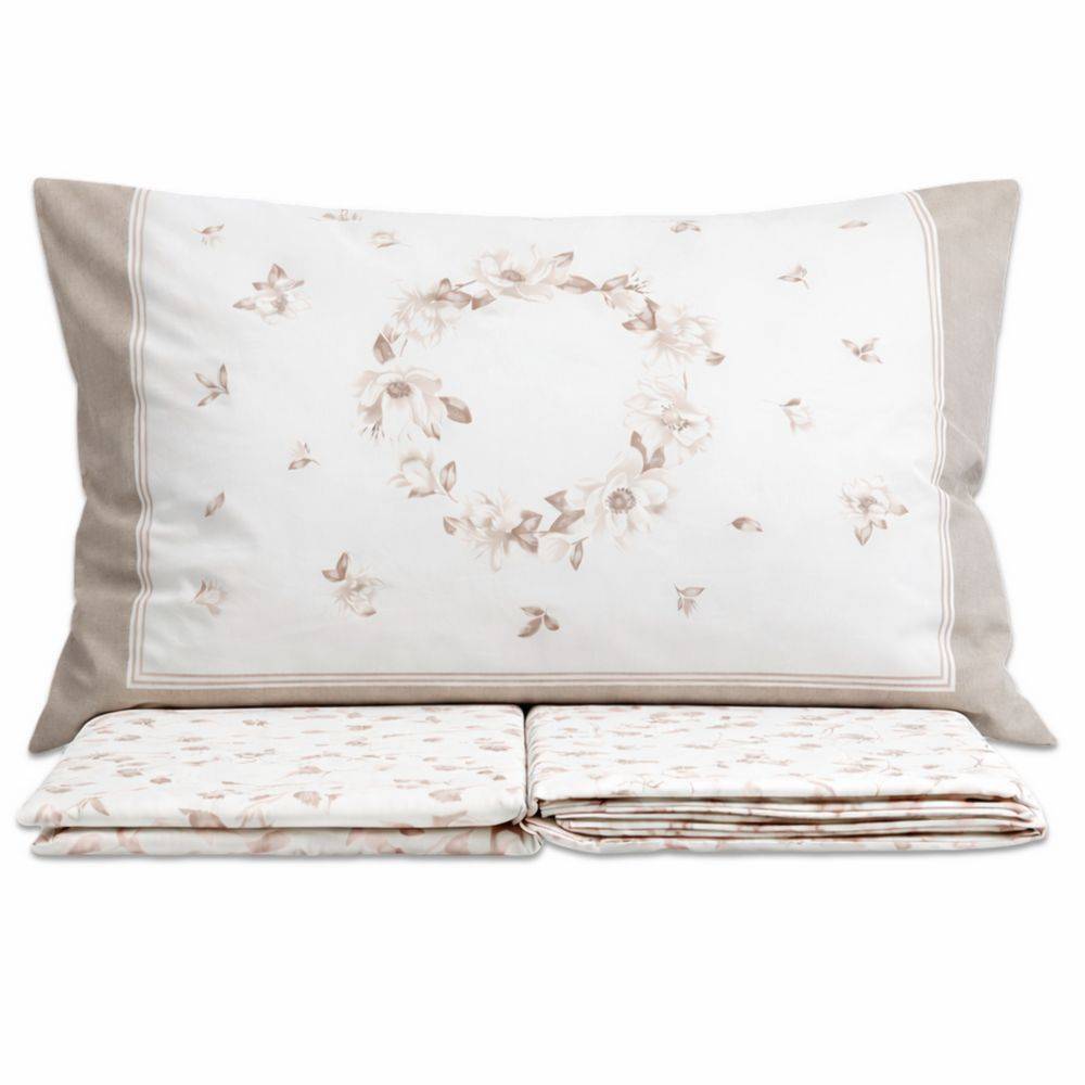 Completo Lenzuola Percalle Venezia Marsiglia Fiori Tortora Matrimoniale