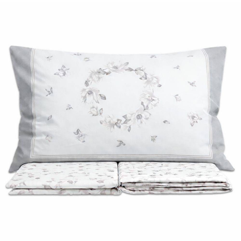 Completo Lenzuola Percalle Venezia Marsiglia Fiori Grigio Matrimoniale