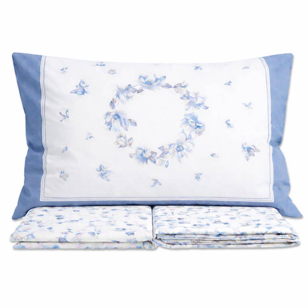 Completo Lenzuola Percalle Venezia Marsiglia Fiori Azzurro Matrimoniale
