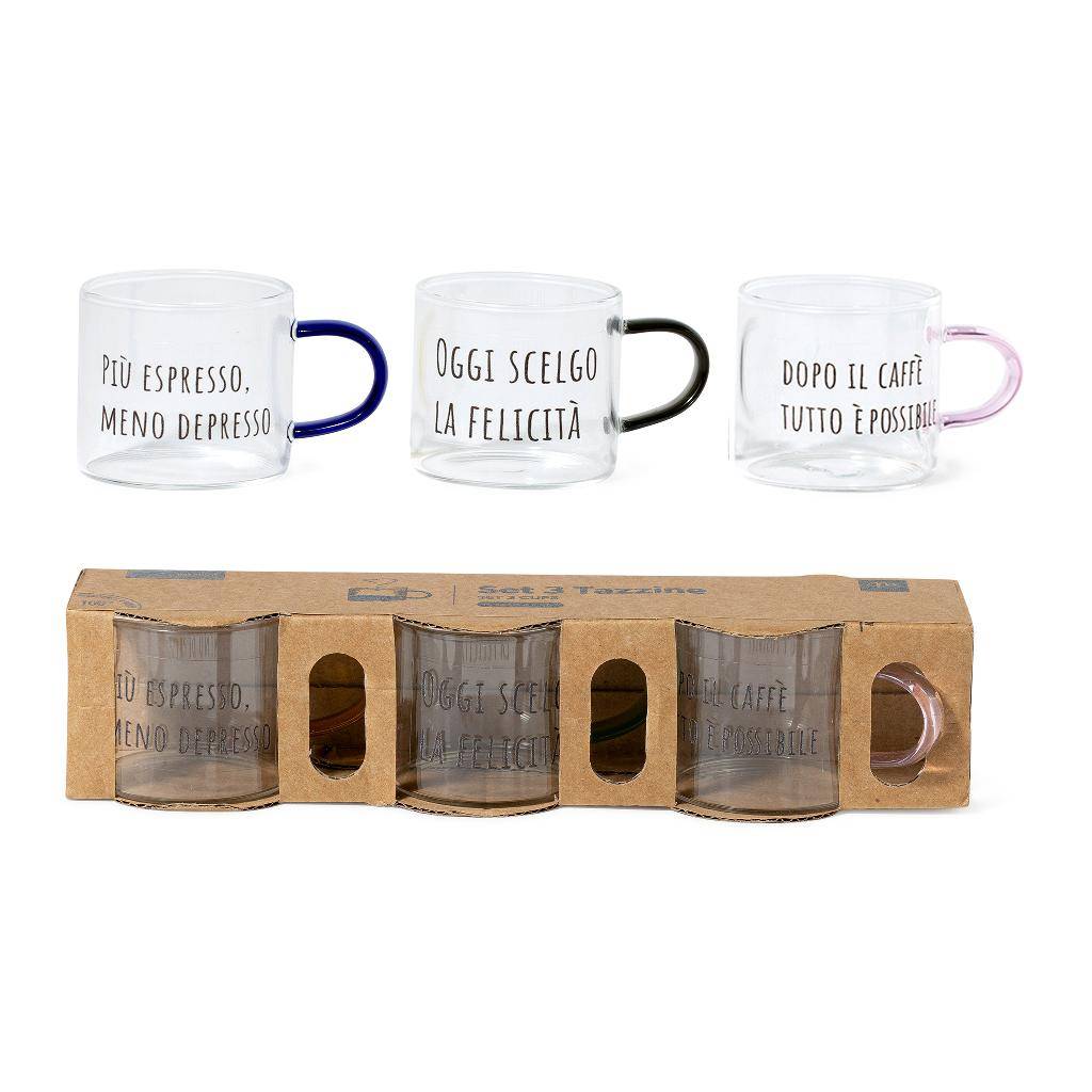 Set 3 Tazzine da caffè in Vetro borosilicato Frasi