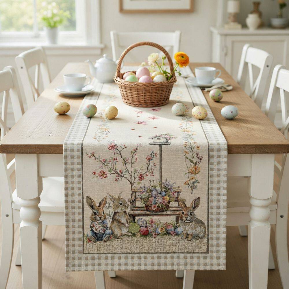 Runner in gobelin Coniglietti Pasquali Bordo Quadretto Tortora 45 x 140