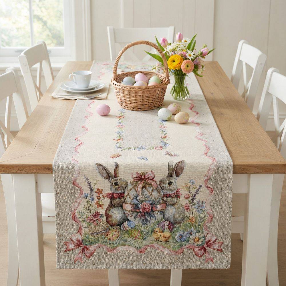 Runner in gobelin Coniglietti Pasquali Bordo Fiocco Rosa 45 x 140