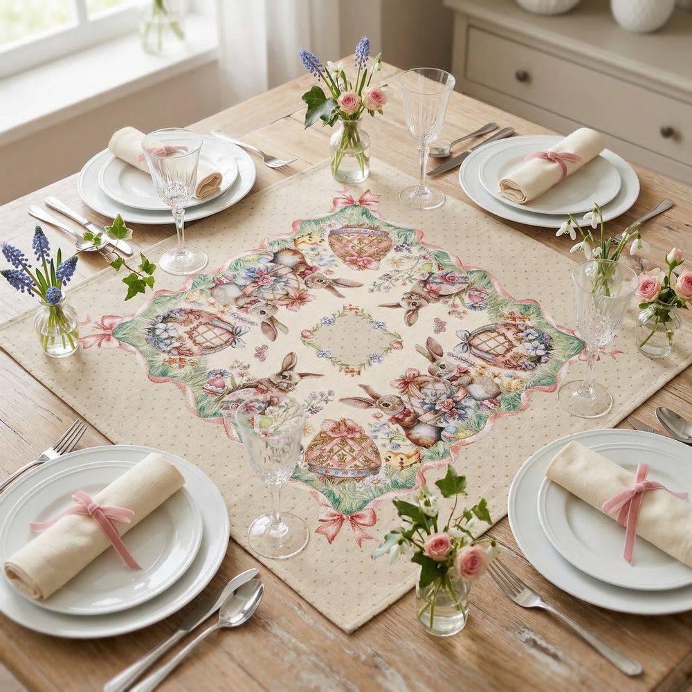 Centrotavola in Gobelin Coniglietti Pasquali Bordo Fiocco Rosa