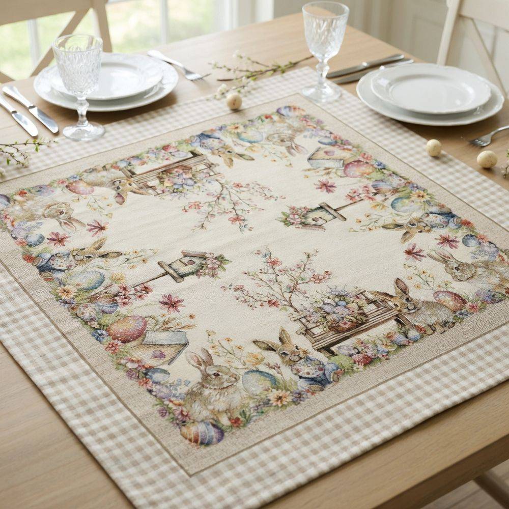 Centrotavola in Gobelin Coniglietti Pasquali Bordo Quadretto Tortora