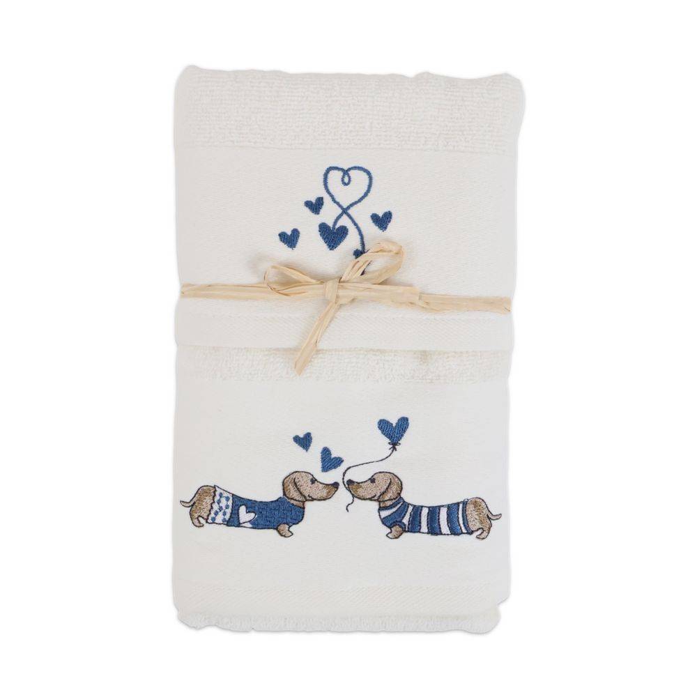 Coppia asciugamani Ricamati Panna Bassotti Blu