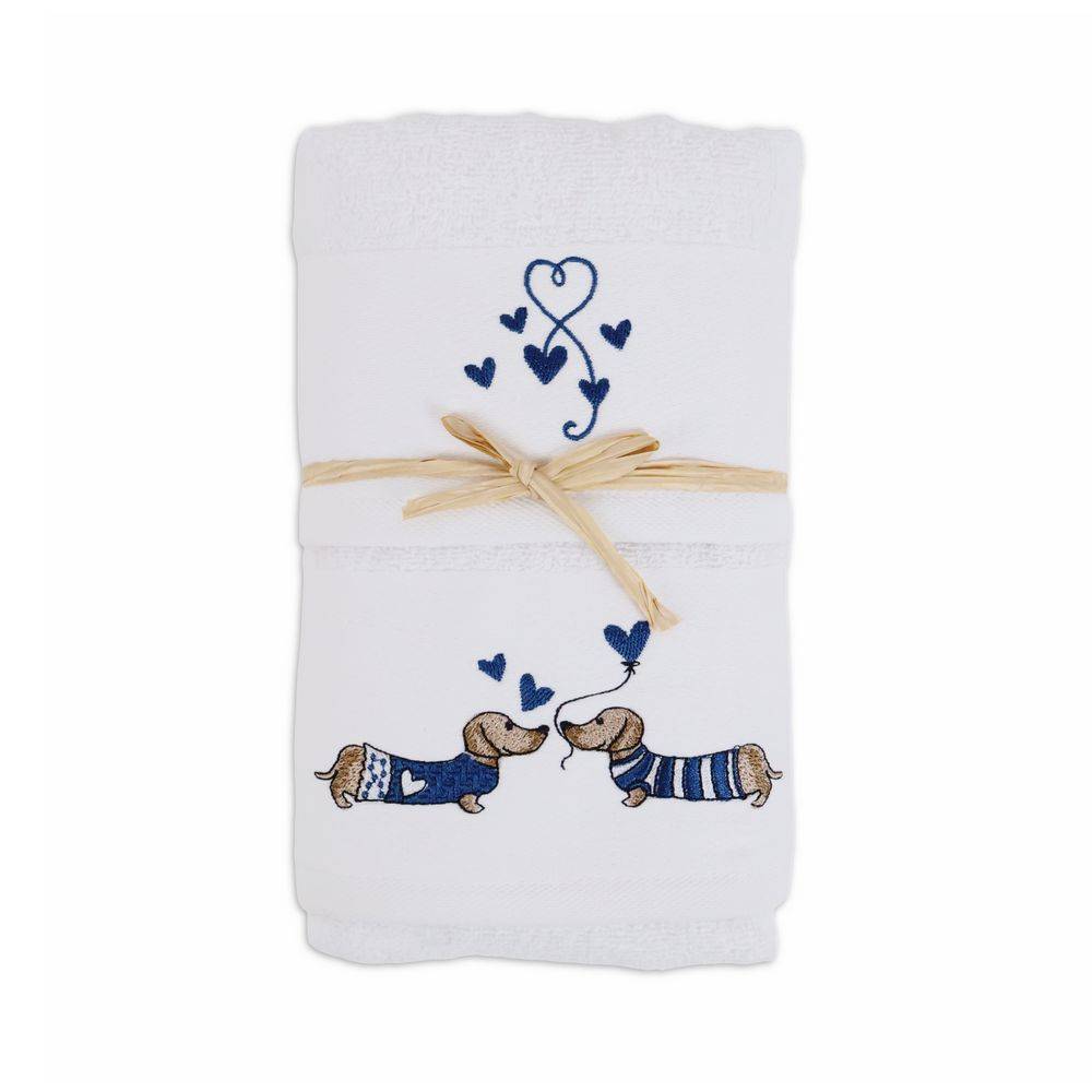 Coppia asciugamani Ricamati Bianco Bassotti Blu