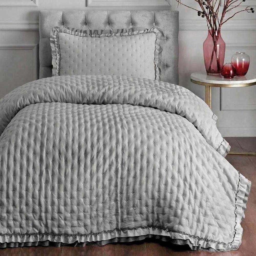 Copriletto Trapuntato Volant Quilt Lyon Perla piazza e mezzo