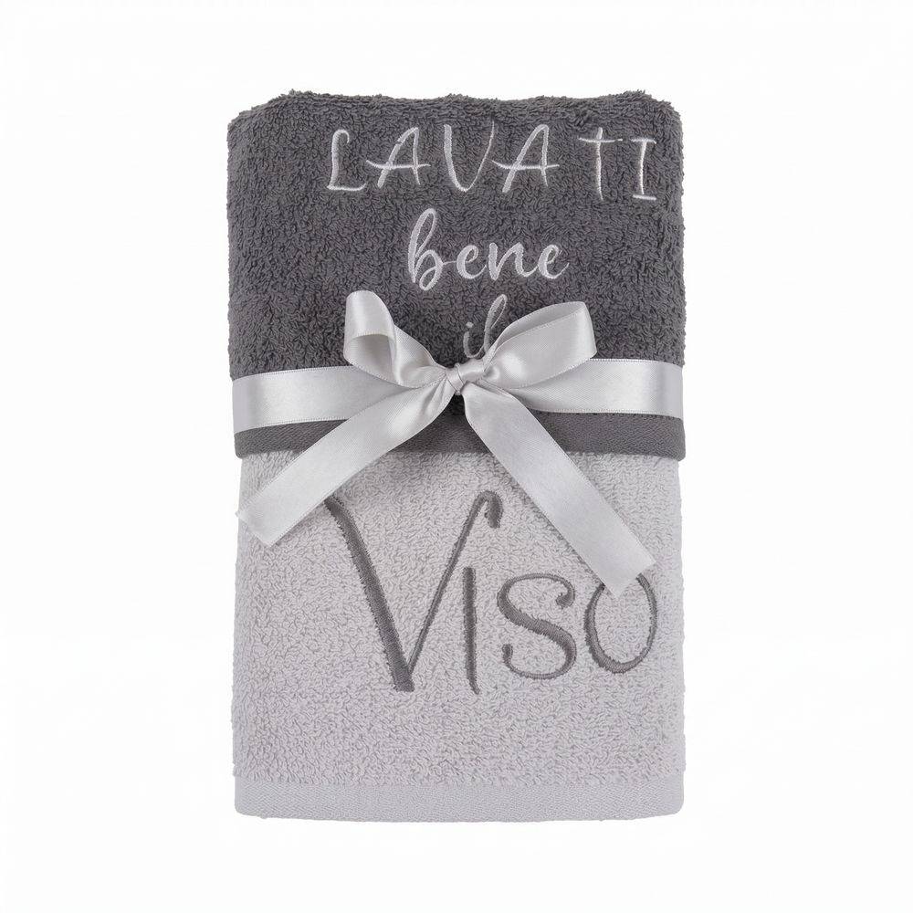 Coppia asciugamani Ricamati Lavati bene il viso Grigio DIS. 15
