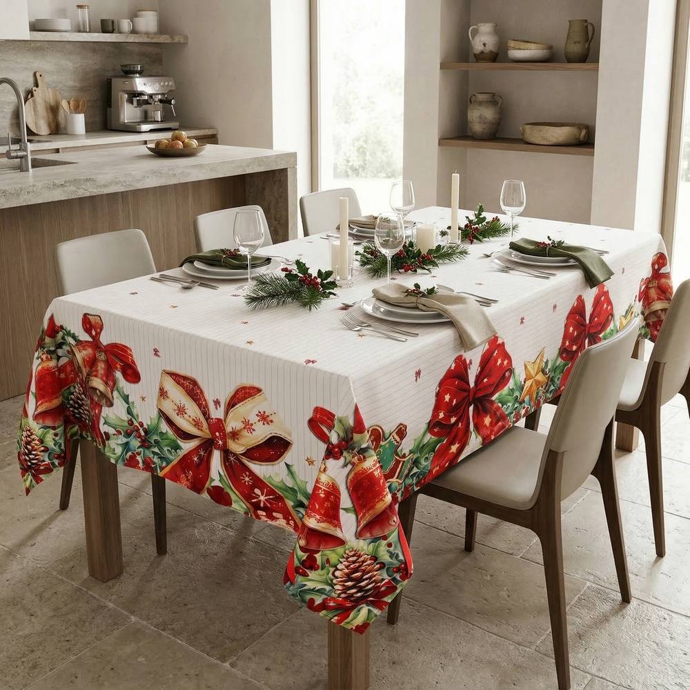 Tovaglia antimacchia Kiki XMAS Fiocchi e Campane 140 x 180