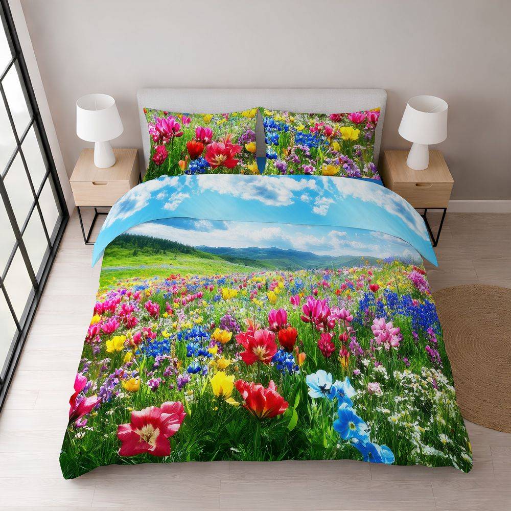 Lenzuolo copriletto con balza Stampa Prato Fiorito Digitale Matrimoniale