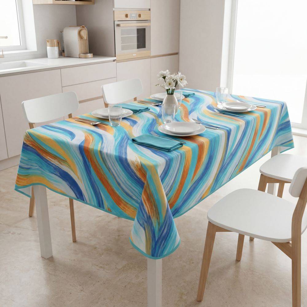 Tovaglia Antimacchia Splash Astratto Onda Azzurra Acquamarina 140 x 180