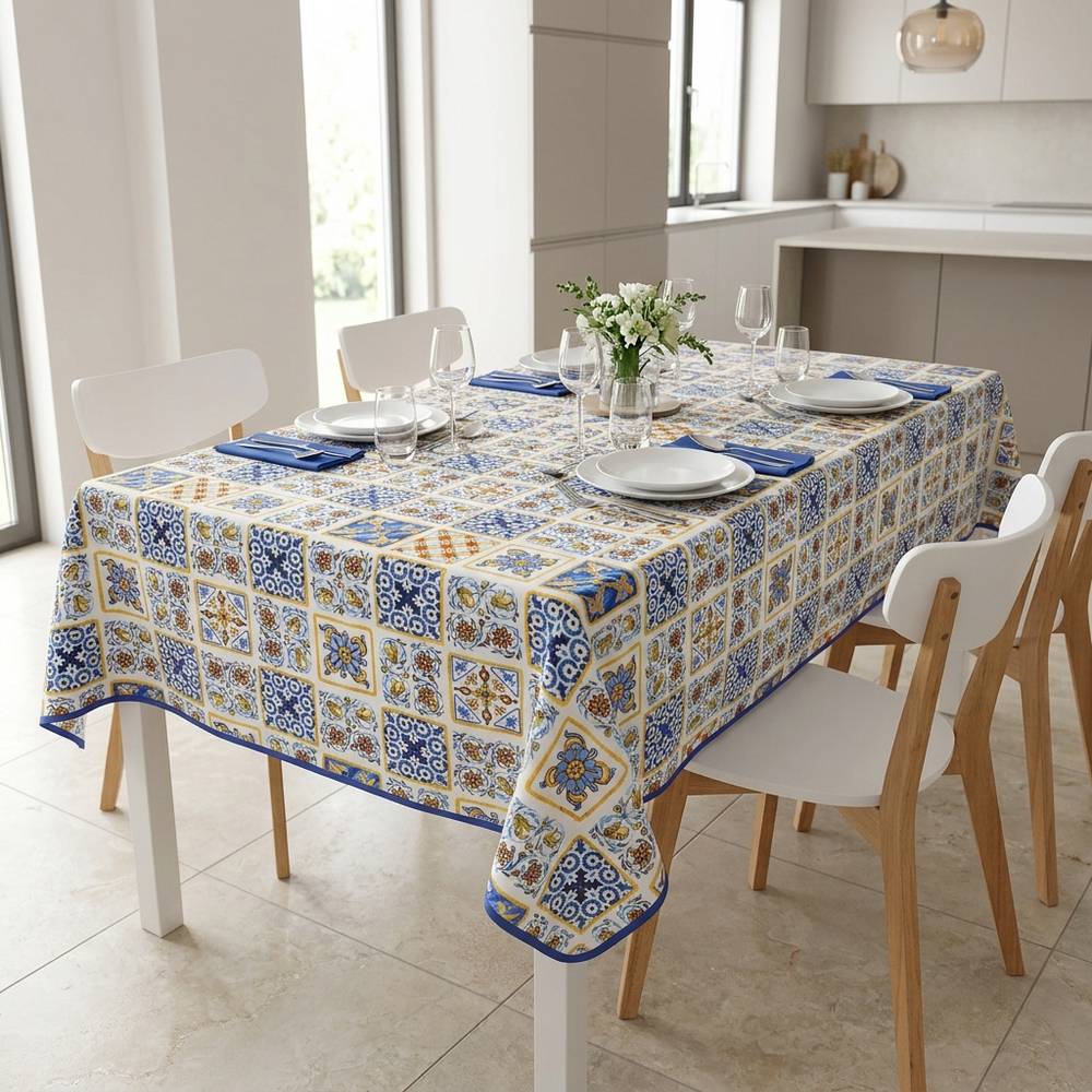 Tovaglia Antimacchia Splash Carmela Maiolica Gialla Blu 140 x 180