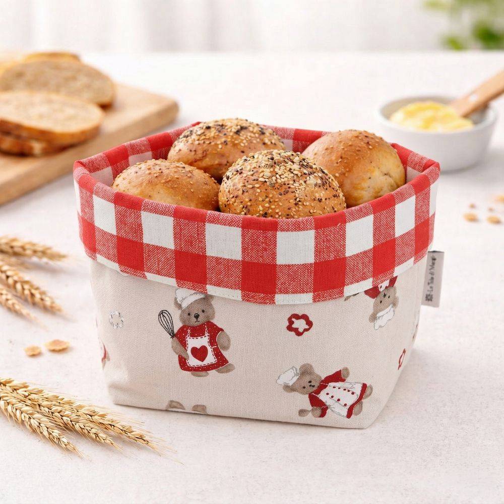 Cestino Portapane in Cotone Doubleface Orsetti Cuore fondo Beige