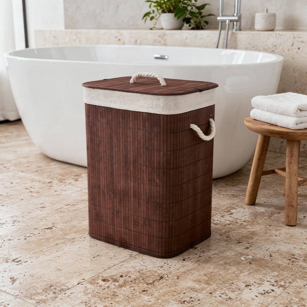 Cesto Lavanderia in Bamboo con Sacca Rettangolare Texas Marrone 