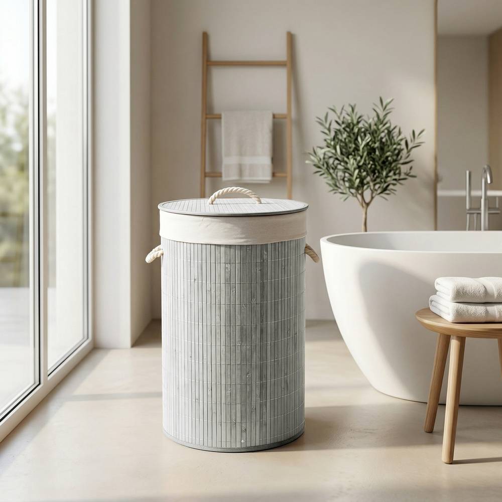 Cesto Lavanderia in Bamboo con Sacca Rotondo Texas Grigio