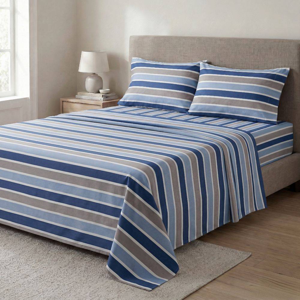 Completo Lenzuola Long riga blu matrimoniale